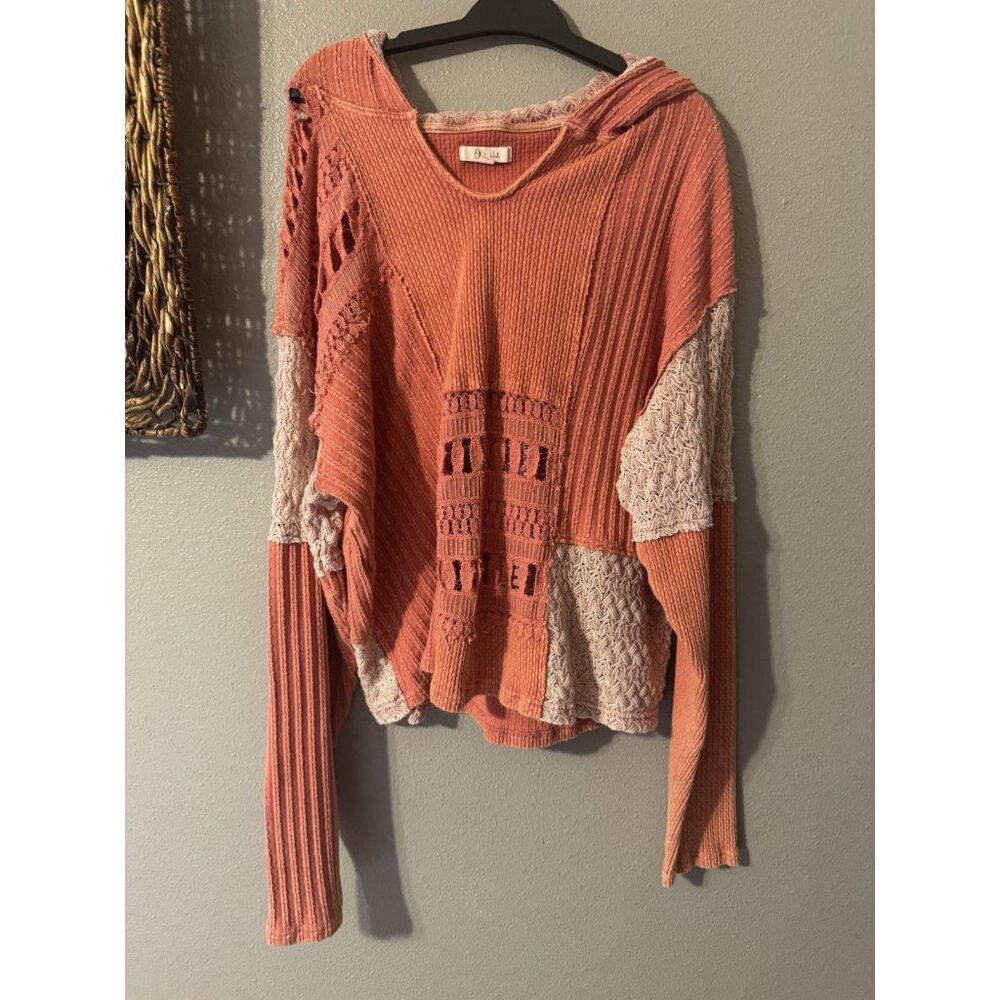 Anthropologie Oli & Hali Knit Pullover Sweater M Hoodie Thrashed Open Orange - Picture 3 of 15